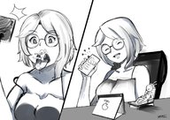 drawing vore monochrome glasses smiling short_hair sitting phone heart open_mouth indoors closed_eyes panels no_background namsai21201207