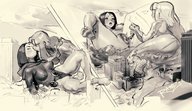 breasts drawing giantess insertion nude blushing mega alien monochrome long_hair cum destruction sex buildings train raven teen_titans starfire kissing lesbians giantesses belt leotard legs_spread hood dc_comics skintight_clothing rammzi9