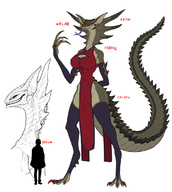 drawing furry horns tail anthro color large_breasts claws clothed text toes barefoot cleavage gloves abs reptile size_comparison jewelry toe_ring thigh_highs sharp_teeth scalie chinese_dress pointed_ears forked_tongue hutago