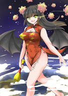 drawing giantess earth giga space black_hair color planet barefoot cleavage anime green_eyes smiling fangs walking clouds bat_wings chinese_dress corona-chan biliget