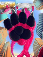 drawing feet furry dragoness anthro city dragon color destruction text toes buildings soles low_angle paws foot_crush looming walking unaware reptile vehicles point_of_view imminent_crush scalie cutaway mtfoxx orpbus