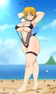 drawing giantess blushing wings blonde color beach barefoot huge_breasts smiling short_hair walking outdoors crowds bee bee_girl antennae arms_behind_head stinger