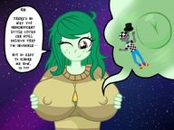 drawing giantess micro giga long_hair huge_breasts smiling green_hair shrunken_man freckles inside_clothing dialogue green_skin one_eye_closed