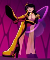 drawing black_hair color large_breasts blue_eyes clothed handheld cleavage high_heels low_angle sitting looming shrunken_people open_mouth thighs indoors legs_crossed hand_on_head ravenravenraven looking_at_tinies the_venture_bros. dr._mrs._the_monarch