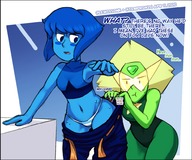 drawing blushing glasses sweat short_hair blue_skin looking_back teniko inside_clothing dialogue thick_thighs green_skin steven_universe lapis_lazuli peridot lewdssonk