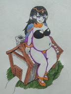 drawing giantess black_hair long_hair cleavage smiling sitting bbw belly outdoors fire_emblem tharja_(fire_emblem)