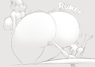 drawing monochrome huge_breasts short_hair mini_giantess standing big_butt berggie no_background impending_butt_crush