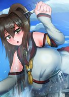 drawing giantess blushing city color long_hair destruction huge_breasts brunette crawling surprised looking_down outdoors kantai_collection bigsis_iyashi