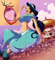 breasts drawing giantess vore city mega color destruction clothed buildings desert ponytail dark_skin jasmine aladdin disney earrings hairband agrabah palace angelgts cutaway bare_midriff mass_vore magic_lamp