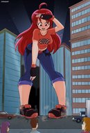 giantess blushing city long_hair buildings smiling gloves red_hair bending_over outdoors ahoge crowds bare_midriff dakunart