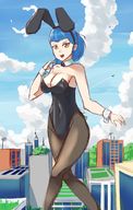drawing giantess city color large_breasts long_hair cleavage buildings blue_hair smiling airplane collar looking_down outdoors rabbit_ears stillwel
