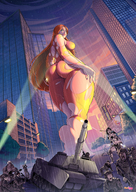 drawing growth giantess city mega long_hair barefoot tank red_hair walking fighting looking_down giantesses outdoors sunset looking_back ripped_clothing spotlight funb0y