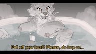 drawing nipples gentle nude furry wolf anthro color large_breasts text bath water swimming boats dialogue looking_at_tiny thesociallyawkwardpinguin
