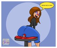 giantess blushing long_hair butt_crush brunette smiling sitting pinned looking_back big_butt stool no_background nafyotoon drawiing