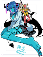drawing giantess horns tail blonde large_breasts barefoot cleavage blue_hair brunette multiple_sizes blue_skin red_skin sharp_nails