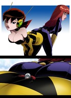 breasts drawing giantess comic color large_breasts long_hair butt blue_eyes clothed cleavage brunette red_hair short_hair shrunken_man open_mouth avengers pinned ant-man looking_back jumpsuit leaning_forward between_butts helmet no_background black_widow janet_van_dyne marvel_comics ravenravenraven the_wasp avengers_earths_mightiest_heroes hank_pym