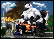 drawing giantess white_hair nude furry anthro city black_hair color long_hair futanari cum destruction sex buildings smiling lying_down outdoors necklace running_away