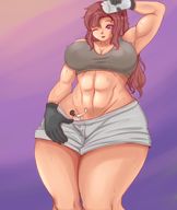 drawing large_breasts long_hair cleavage wet brunette sweat smiling muscles looking_down inside_clothing thick_thighs no_background one_eye_closed bare_midriff moyuke