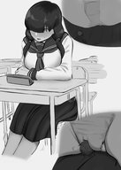 drawing panties blushing upskirt monochrome black_hair clothed anime sitting uniform shrunken_man bangs under_pussy cutaway kiyoshi2431 covered_eyes sitting_on_tiny