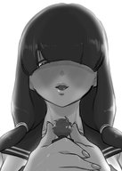 drawing blushing monochrome black_hair clothed handheld anime uniform shrunken_man bangs looking_at_tiny kiyoshi2431 covered_eyes