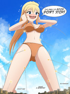 bikini drawing giantess blushing blonde color large_breasts long_hair ponytail kneeling looking_down dialogue darkness thedaibijin konosuba