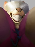 drawing giantess white_hair furry anthro color smiling neopuc sharp_teeth t-bone robomax between_breasts fossa covered_eyes elyssia