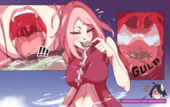 drawing giantess vore blushing giga color large_breasts long_hair naruto sakura_haruno smiling pink_hair open_mouth angelgts cutaway sweat_drop bare_midriff