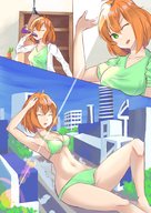 drawing growth giantess city color destruction buildings underwear outgrowing_building red_hair lying_down short_hair drinking indoors outdoors closed_eyes cramped stillwel