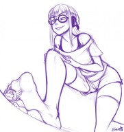 drawing furry monochrome clothed glasses anime low_angle smiling socks foot_crush shrunken_man sketch looking_down under_foot sheela thigh_highs bangs looking_at_tiny persona futaba_sakura persona_5