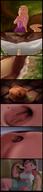 breasts drawing micro blonde comic black_hair color long_hair multiple_sizes navel shorts unaware dark_skin hawaii disney top tangled pizza rapunzel nani_pelekai nani bare_midriff kisparlius crumbs lilo_and_stitch