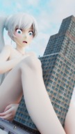 giantess white_hair nude blushing city long_hair embarrassed ponytail looking_down outdoors necklace crowds legs_spread running_away digital_render rwby weiss bantoras