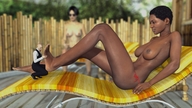 nipples nude feet black_hair toes barefoot soles topless smiling lying_down short_hair foot_worship sitting shrunken_man dark_skin foot_slave looking_at_tiny digital_render riojafan