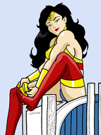 breasts drawing giantess panties mega black_hair color long_hair armor blue_eyes buildings smiling giganta boots costume wonder_woman top looking_at_viewer tiara justice_league sitting_on_building no_background inspector97 dc_comics hall_of_justice bare_midriff fusion earthbreaker