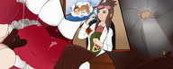 drawing vore color glasses brunette unaware shrunken_woman shrunken_man ace_attorney lab_coat ema_skye apollo_justice athena_cykes femdva