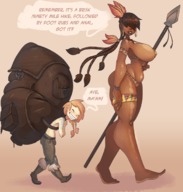 breasts drawing color long_hair huge_breasts brunette slave mini_giantess walking looking_down dark_skin hoop_earrings braid native dialogue spear skimpy_clothing hair_covering_eyes rapscallionvns