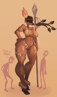 drawing long_hair cleavage huge_breasts brunette mini_giantess dark_skin hoop_earrings thick_thighs no_background hair_covering_eyes rapscallionvns