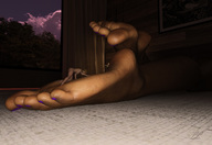 nude feet blonde toes soles bed lying_down foot_worship crawling shrunken_woman dark_skin indoors foot_slave nail_polish on_foot raised_foot purple_nails digital_render lutherlittle