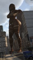 breasts giantess feet city mega black_hair large_breasts clothed toes barefoot cleavage buildings low_angle foot_crush vehicles dark_skin under_foot ankle_bracelet running_away skimpy_clothing digital_render amgipi
