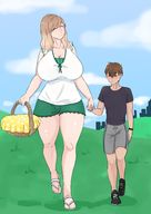 drawing long_hair cleavage huge_breasts brunette smiling mini_giantess sandals walking looking_up outdoors basket closed_eyes thick_thighs