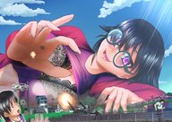drawing giantess blushing black_hair color large_breasts long_hair destruction bra glasses tank train smiling lying_down explosion outdoors running_away bigsis_iyashi