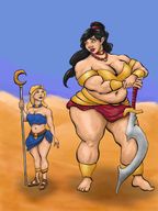 drawing black_hair large_breasts long_hair sword barefoot cleavage bbw looking_down outdoors necklace thick_thighs j-moto