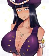 drawing black_hair color nico_robin one_piece cleavage huge_breasts shrunken_person hat looking_ahead zorro between_breasts pinkkoffin