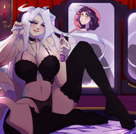 drawing white_hair blushing horns long_hair clothed cleavage underwear smiling sitting shrunken_woman looking_down biting_lip angelgts cutaway