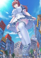 breasts drawing giantess panties city mega upskirt color destruction rampage low_angle ponytail maid_uniform panic running_away aoigai