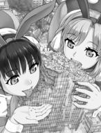 drawing giantess vore city monochrome black_hair tongue destruction handheld buildings giantesses aoigai mass_vore bunny_girls