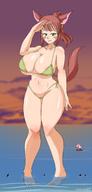bikini drawing giantess tail color long_hair water huge_breasts brunette fox_ears ponytail looking_down outdoors dakunart
