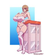 drawing cleavage huge_breasts brunette socks short_hair mini_giantess looking_down bare_midriff n64z