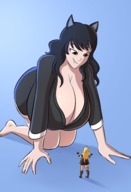 drawing black_hair long_hair cleavage huge_breasts crawling nightgown blake night_gown rwby blake_belladonna yang_xiao_long caiman2