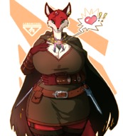 drawing gentle hips furry anthro color clothed cleavage green_eyes huge_breasts fox smiling heart shrunken_man looking_down jewelry thick_thighs looking_at_tiny cloak hand_on_stomach between_breasts lemoncore