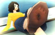 feet clothed toes skirt soles anime brunette low_angle insole in_shoe short_hair sitting shrunken_man curly_hair classroom see_through legs_crossed persona digital_render pale_skin persona_5 karkaterium sadayo_kawakami ren_amamiya